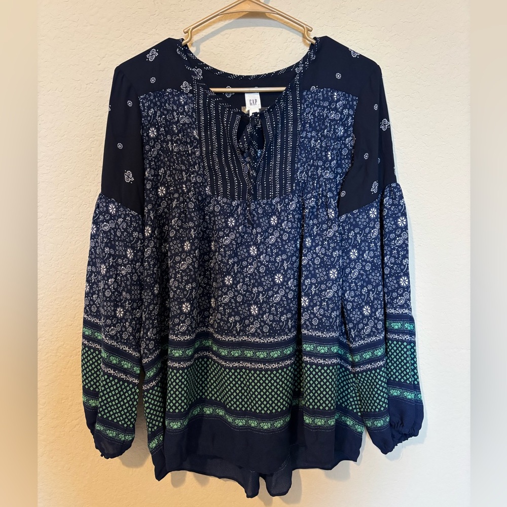 Gap Teal White Peasant Boho LS Blouse SZ Md